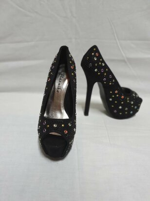 black high heels with coloured rhinestones
