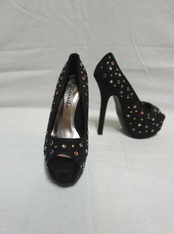 black high heels with coloured rhinestones