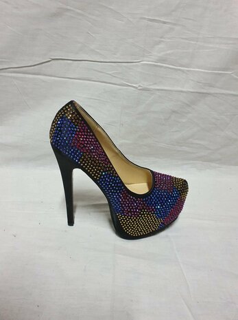 black high heels with coloured rhinestones